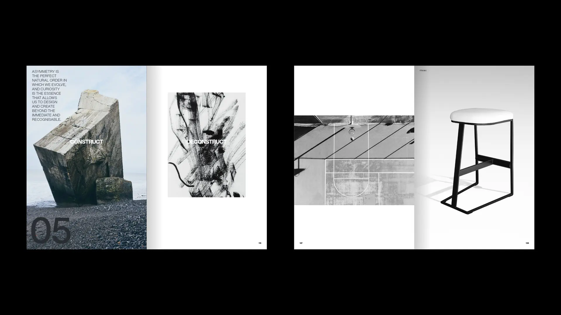 OKHA manifesto chapter five spreads combining stone, drawing, landscape and furniture form