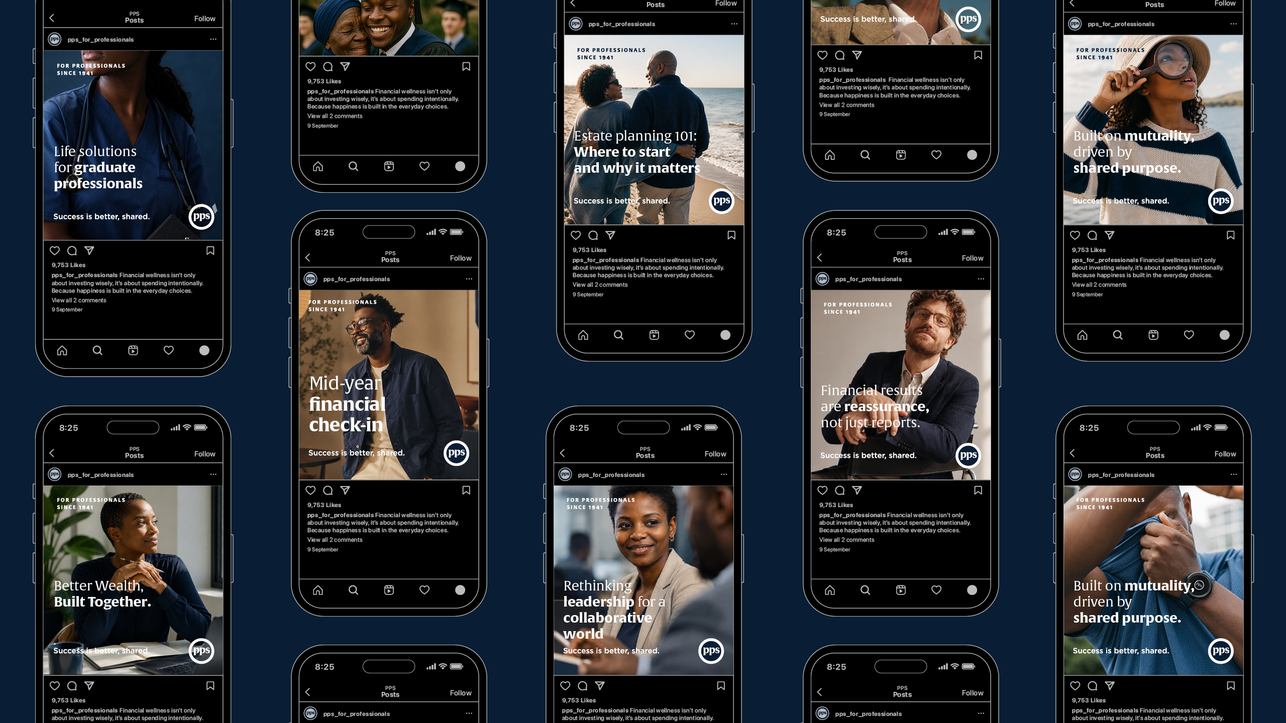 Grid of PPS social-media stories and mobile campaign applications
