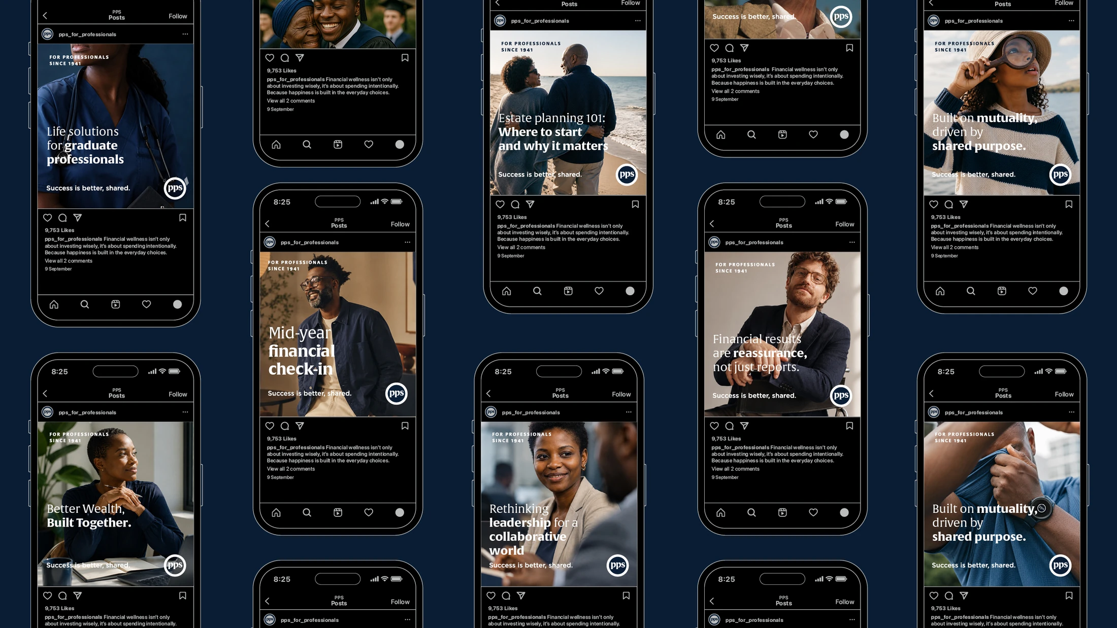 Grid of PPS social-media stories and mobile campaign applications