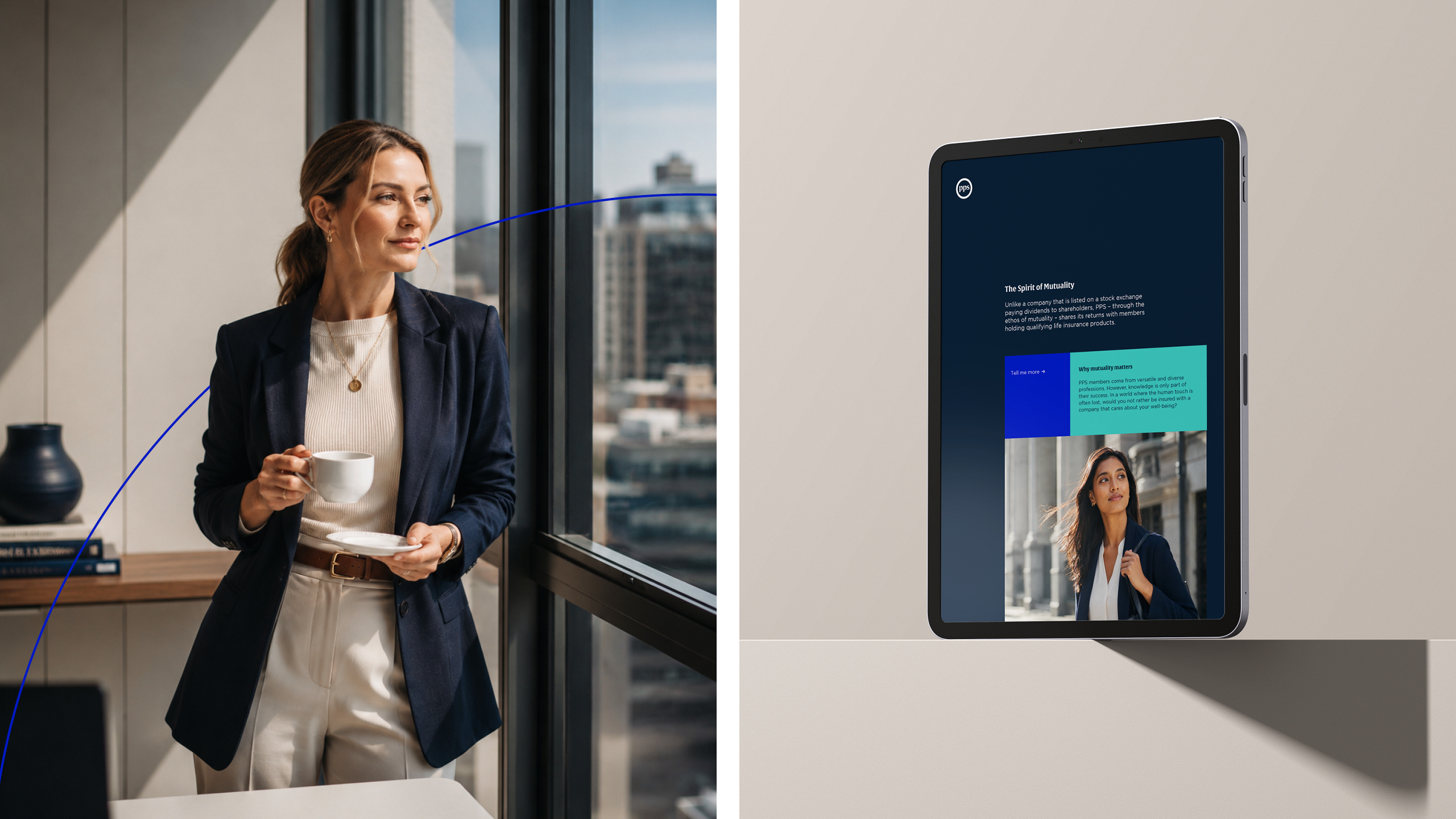 PPS graphic device applied to portrait photography and a responsive website shown on a tablet