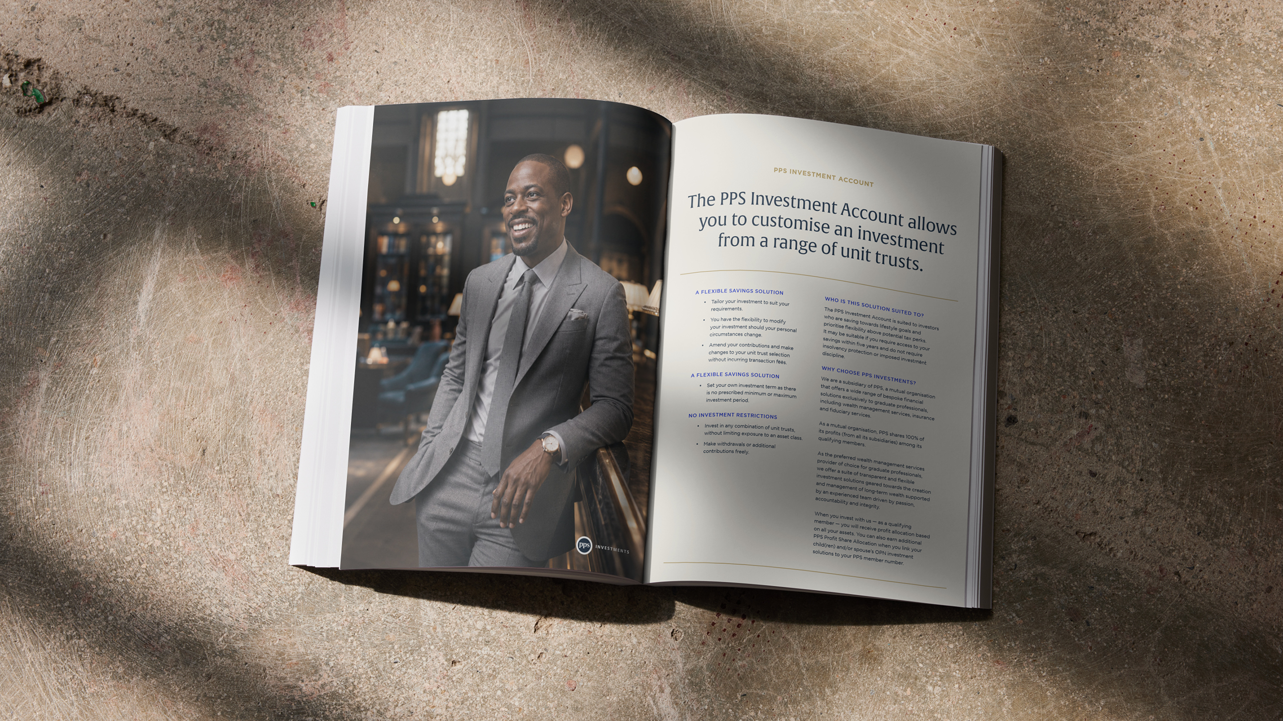 Open PPS investment brochure combining clear information hierarchy, portraiture and restrained brand graphics