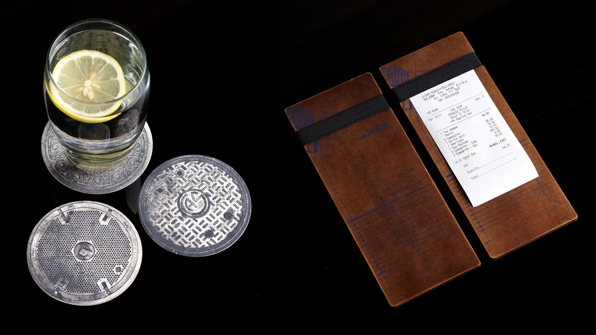 SLOW in the City leather bill folder, printed receipt, glass and etched map coasters