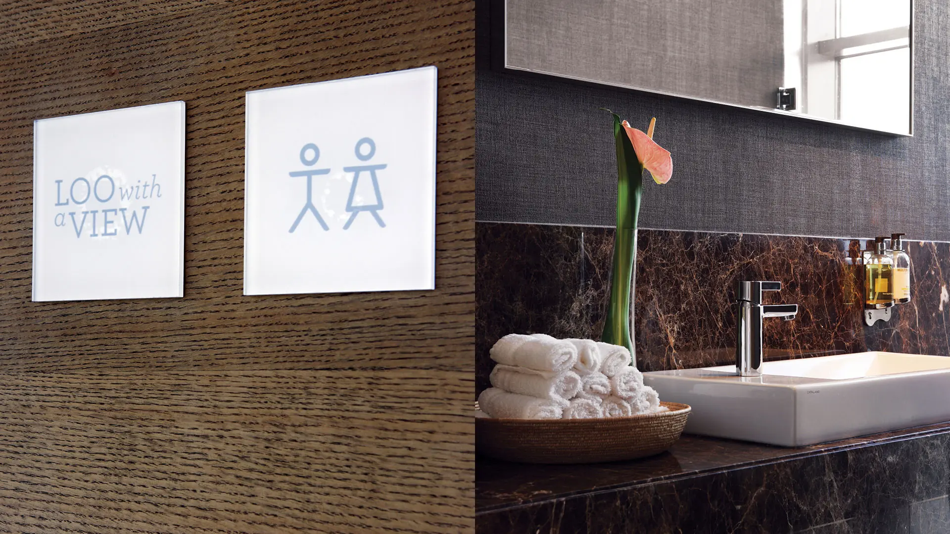 SLOW lounge details combining witty restroom cards, rich materials and a carefully styled vanity