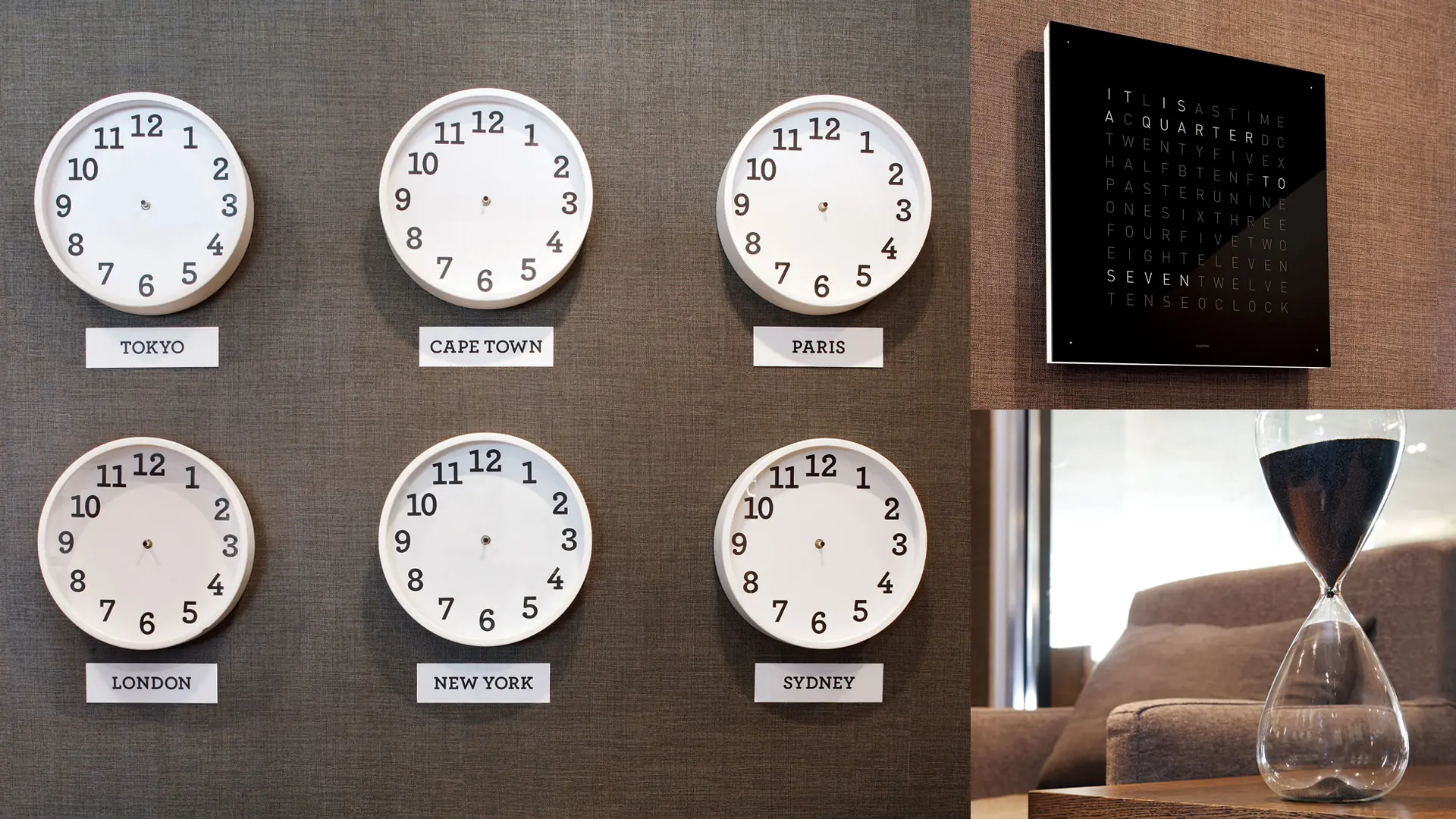 SLOW lounge world clocks, typographic time artwork and a glass hourglass