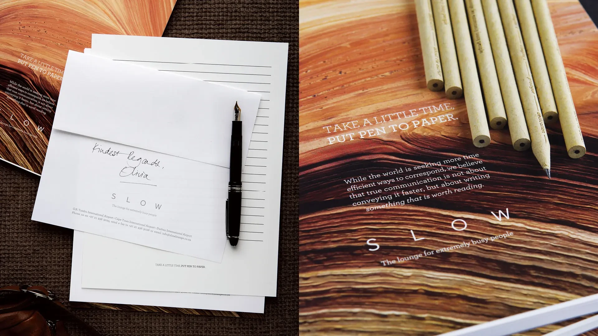 SLOW writing paper, fountain pen and pencils arranged on tactile timber and textile surfaces