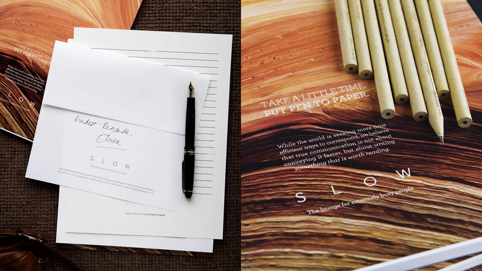 SLOW writing paper, fountain pen and pencils arranged on tactile timber and textile surfaces